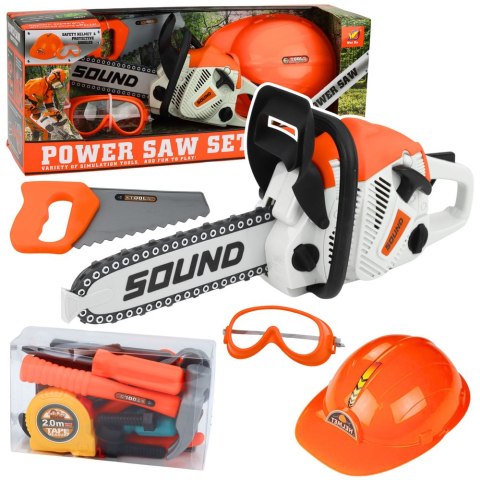 PIŁA ŁAŃCUCHOWA NA BATERIE PILARKA DLA DZIECI ZESTAW NARZĘDZI DŹWIĘKI KASK
