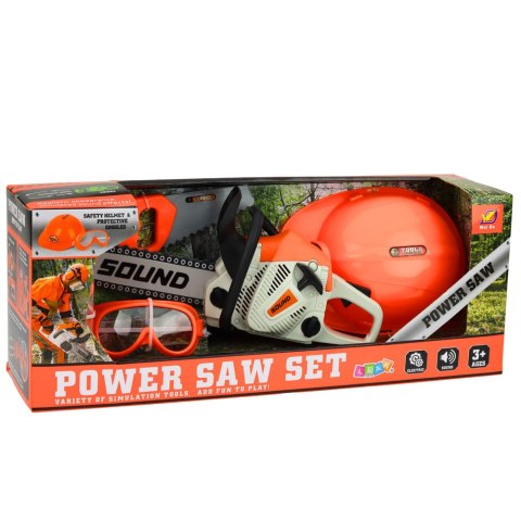 PIŁA ŁAŃCUCHOWA NA BATERIE PILARKA DLA DZIECI ZESTAW NARZĘDZI DŹWIĘKI KASK