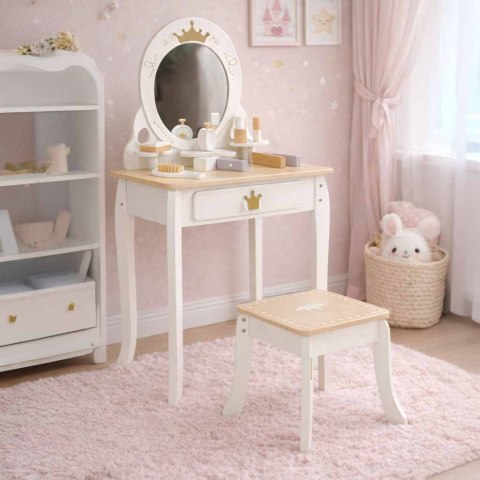 DREWNIANA TOALETKA DLA DZIEWCZYNKI LUSTRO SIEDZISKO AKCESORIA LULILO BELLA