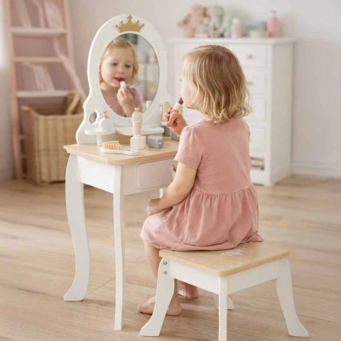 DREWNIANA TOALETKA DLA DZIEWCZYNKI LUSTRO SIEDZISKO AKCESORIA LULILO BELLA