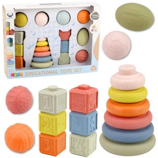 ZABAWKI SENSORYCZNE MIĘKKIE ZESTAW 18EL. PIŁECZKI PIRAMIDKA KLOCKI KSZTAŁTY