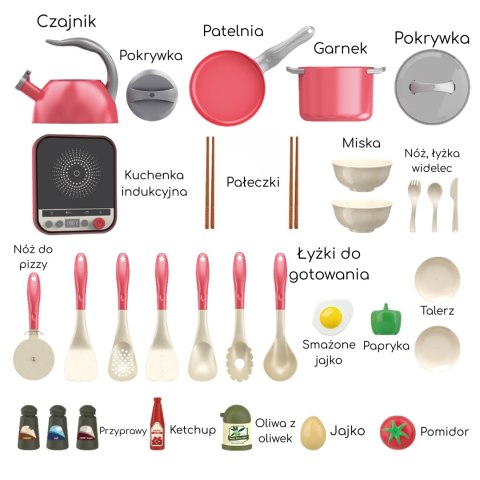 ZESTAW MAŁEGO KUCHARZA INDUKCJA GARNKI PATELNIA CZAJNIK RÓŻOWY 30EL DLA DZIECI