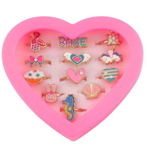 Zestaw Pierścionki Dla Dzieci Regulowane Metalowe Różne Wzory Serce 12 szt.