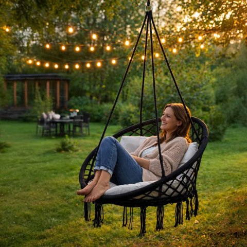 HUŚTAWKA FOTEL WISZĄCY BOCIANIE GNIAZDO 80CM Z OPARCIEM DO 150KG CZARNY