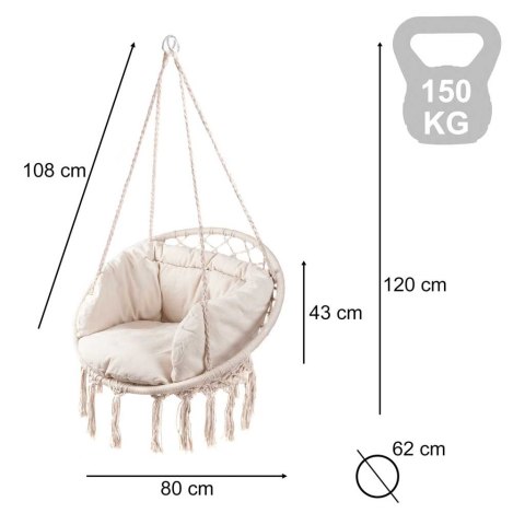 HUŚTAWKA FOTEL WISZĄCY BOCIANIE GNIAZDO 80CM Z OPARCIEM PODUSZKI DO 120KG