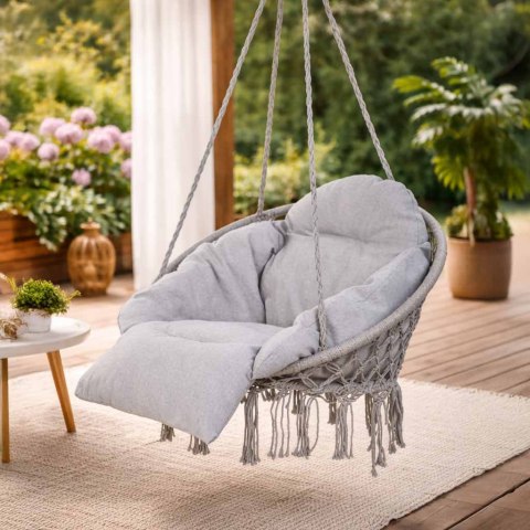 HUŚTAWKA OGRODOWA BOCIANIE GNIAZDO XXL FOTEL WISZĄCY Z PODUSZKĄ SZARY DO 150KG