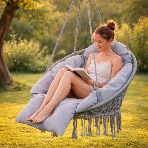 HUŚTAWKA OGRODOWA BOCIANIE GNIAZDO XXL FOTEL WISZĄCY Z PODUSZKĄ SZARY DO 150KG