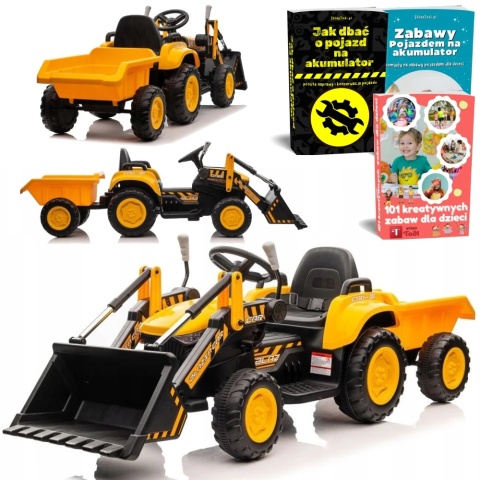 TRAKTOR NA AKUMULATOR BW-X002A Z ŁYŻKĄ I PRZYCZEPĄ DLA DZIECKA PILOT LED SKÓRA MP3