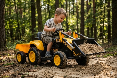 TRAKTOR NA AKUMULATOR BW-X002A Z ŁYŻKĄ I PRZYCZEPĄ DLA DZIECKA PILOT LED SKÓRA MP3