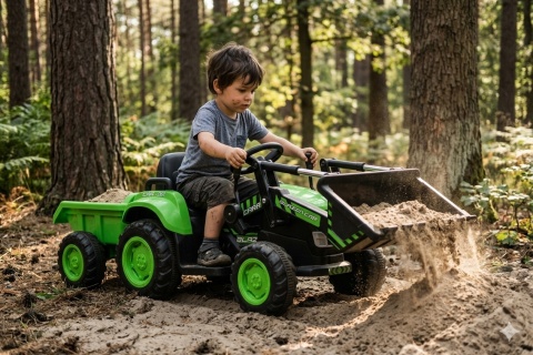 TRAKTOR NA AKUMULATOR BW-X002A Z ŁYŻKĄ I PRZYCZEPĄ DLA DZIECKA PILOT LED SKÓRA MP3