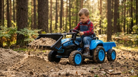 TRAKTOR NA AKUMULATOR BW-X002A Z ŁYŻKĄ I PRZYCZEPĄ DLA DZIECKA PILOT LED SKÓRA MP3