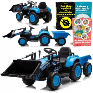 TRAKTOR NA AKUMULATOR BW-X002A Z ŁYŻKĄ I PRZYCZEPĄ DLA DZIECKA PILOT LED SKÓRA MP3