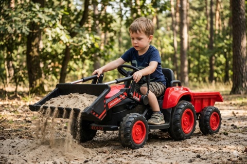 TRAKTOR NA AKUMULATOR BW-X002A Z ŁYŻKĄ I PRZYCZEPĄ DLA DZIECKA PILOT LED SKÓRA MP3