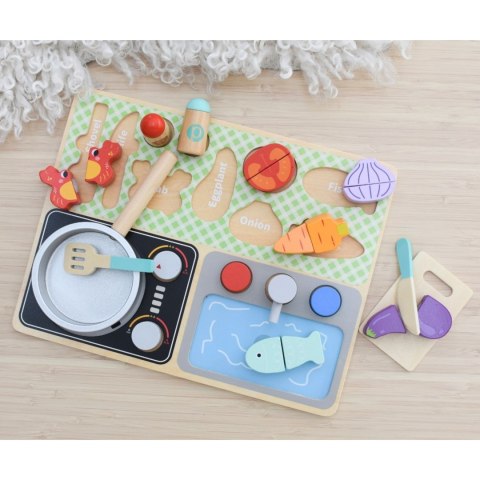 DREWNIANA KUCHNIA Z AKCESORIAMI ZESTAW MAŁEGO KUCHARZA DREWNIANE KREATYWNE