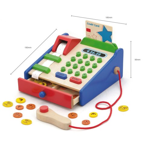 KASA SKLEPOWA DLA DZIECI DREWNIANA AKCESORIA MONETY SKANER ZESTAW VIGA