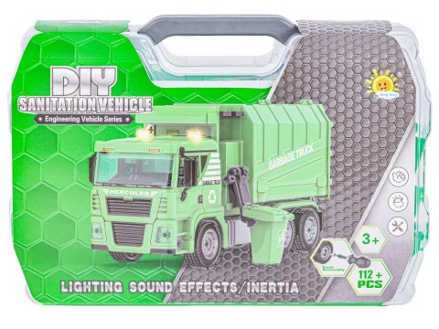 ŚMIECIARKA CIĘŻARÓWKA DO ROZKRĘCANIA WALIZKA ZESTAW 112 EL. DŹWIĘKI ŚWIATŁA