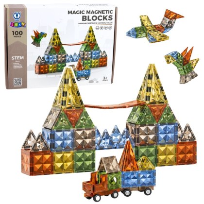 KLOCKI MAGNETYCZNE KONSTRUKCYJNE KOLOROWE FIGURY 3D POJAZD ZESTAW 100 EL.