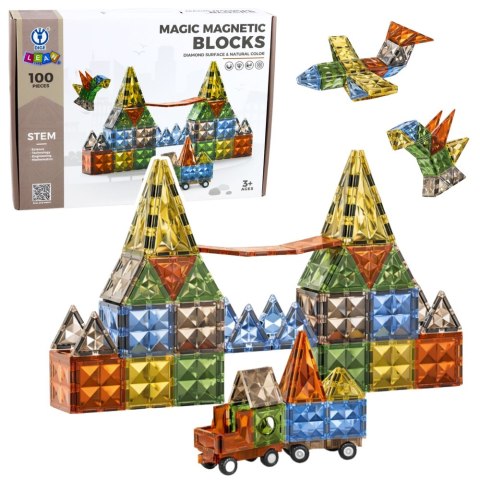 KLOCKI MAGNETYCZNE KONSTRUKCYJNE KOLOROWE FIGURY 3D POJAZD ZESTAW 100 EL.