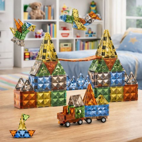 KLOCKI MAGNETYCZNE KONSTRUKCYJNE KOLOROWE FIGURY 3D POJAZD ZESTAW 100 EL.