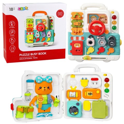 TABLICA KSIĄŻECZKA MANIPULACYJNA INTERAKTYWNA EDUKACYJNA ŚWIATŁA DŹWIĘKI 16EL.