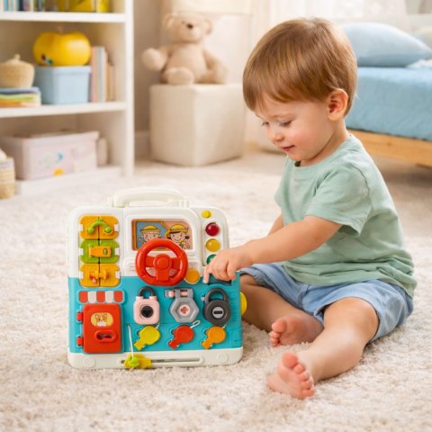 TABLICA KSIĄŻECZKA MANIPULACYJNA INTERAKTYWNA EDUKACYJNA ŚWIATŁA DŹWIĘKI 16EL.