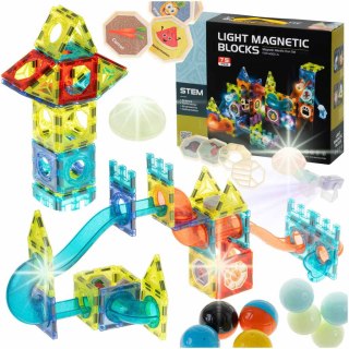 KLOCKI MAGNETYCZNE ŚWIECĄCE TOR KULKOWY MARBLE MONTESSORI ZESTAW 75 EL.