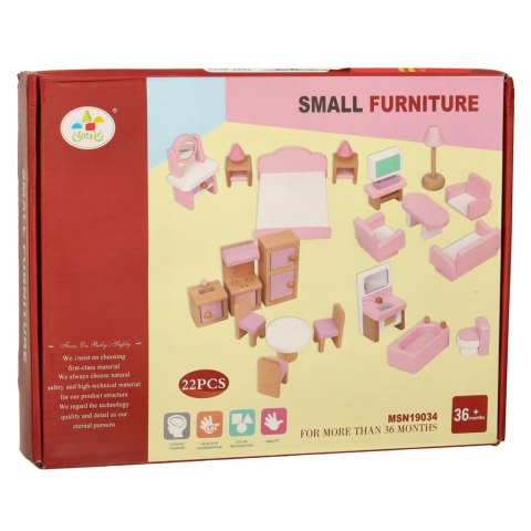 MEBELKI DREWNIANE DO DOMKU DLA LALEK SALON SYPIALNIA ŁAZIENKA KUCHNIA RÓŻOWE