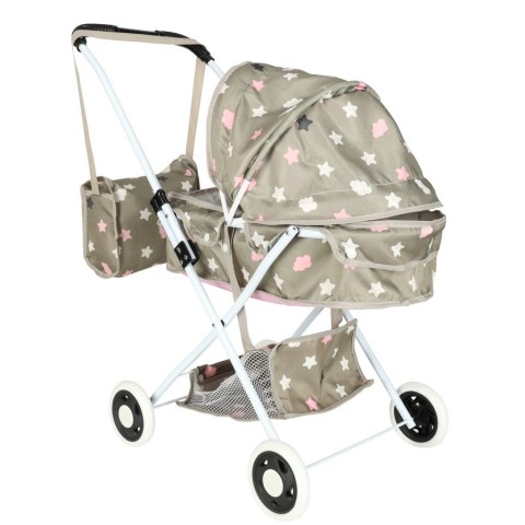 WÓZEK DLA LALEK GONDOLA GŁĘBOKI SKŁADANY DASZEK TORBA SZARY W GWIAZDKI