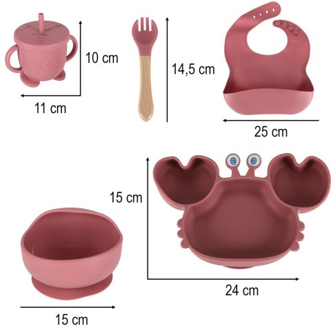ZESTAW NACZYŃ SILIKONOWYCH DLA NIEMOWLĄT KRAB MISKA TALERZ SZTUĆCE 9EL C.RÓŻ