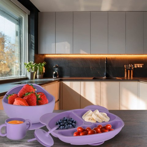 ZESTAW NACZYŃ SILIKONOWYCH MIŚ DLA NIEMOWLĄT MISKA TALERZ ŚLINIAK 8EL FIOLET