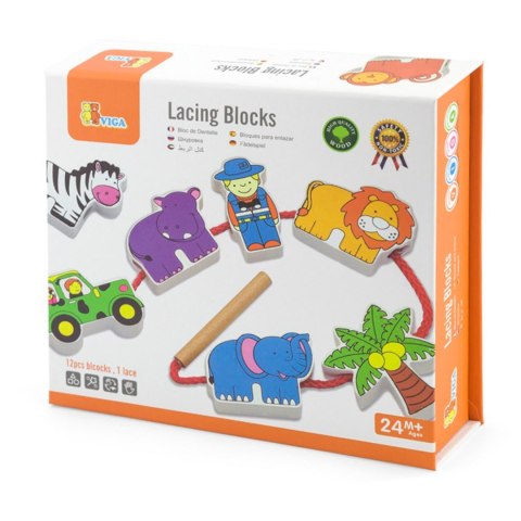 VIGA Drewniana Nawlekanka Przeplatanka Klocki Safari ZOO Montessori