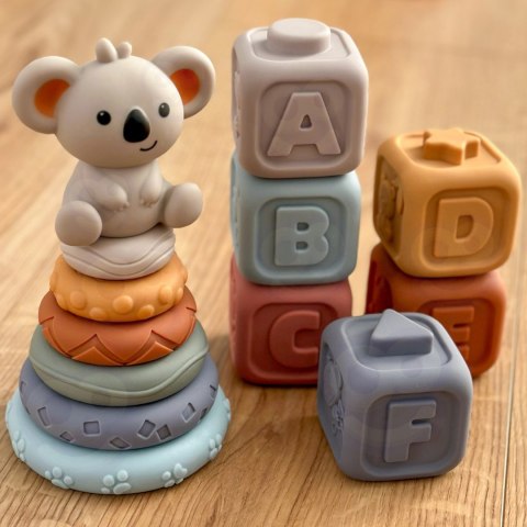 MIĘKKIE GUMOWE KLOCKI SENSORYCZNE DLA DZIECI ZESTAW 3W1 MIŚ ROZWOJOWE