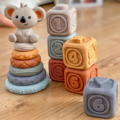 MIĘKKIE GUMOWE KLOCKI SENSORYCZNE DLA DZIECI ZESTAW 3W1 MIŚ ROZWOJOWE