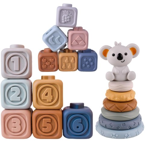 MIĘKKIE GUMOWE KLOCKI SENSORYCZNE DLA DZIECI ZESTAW 3W1 MIŚ ROZWOJOWE