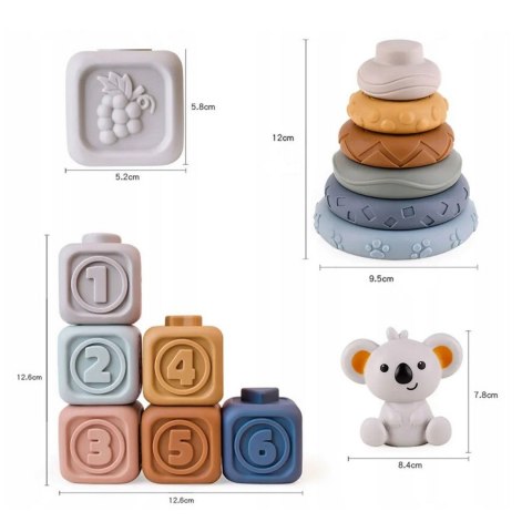 MIĘKKIE GUMOWE KLOCKI SENSORYCZNE DLA DZIECI ZESTAW 3W1 MIŚ ROZWOJOWE