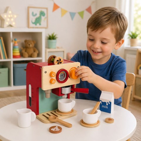 DREWNIANY EKSPRES DO KAWY DLA DZIECI FILIŻANKI AKCESORIA MAŁY BARISTA