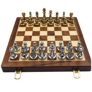 SZACHY METALOWE FIGURY GRA STRATEGICZNA SKŁADANA DREWNIANA PLANSZA 29,5CM
