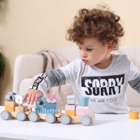VIGA PolarB Drewniana Kolejka z Wagonikami i Zwierzątkami Do Układania Montessori