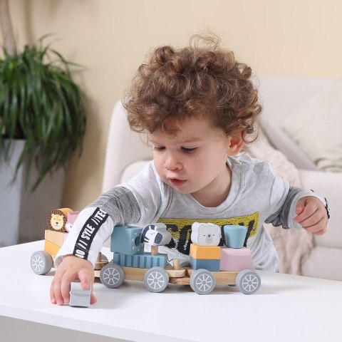 VIGA PolarB Drewniana Kolejka z Wagonikami i Zwierzątkami Do Układania Montessori