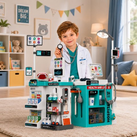 DUŻY ZESTAW MEDYCZNY DLA DZIECI MAŁY LEKARZ DOKTOR ŚWIATŁA DŹWIĘKI 77EL.