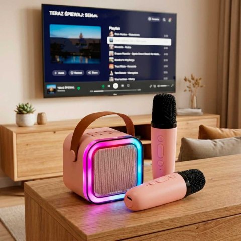 GŁOŚNIK PRZENOŚNY BLUETOOTH KARAOKE ZESTAW 2 MIKROFONY USB ŚWIATŁA LED RGB