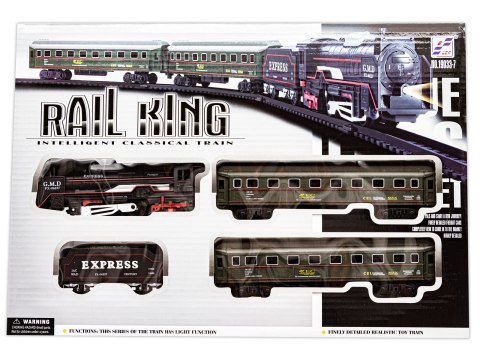 KOLEJKA ELEKTRYCZNA POCIĄG NA BATERIE RAIL KING PAROWÓZ 3 WAGONY ŚWIATŁO