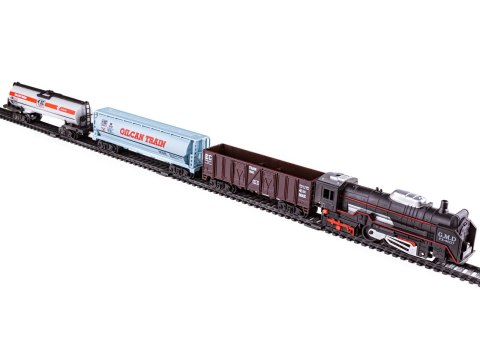 KOLEJKA ELEKTRYCZNA POCIĄG NA BATERIE RAIL KING TOWAROWY 3 WAGONY LOKOMOTYWA DWORZEC AKCESORIA