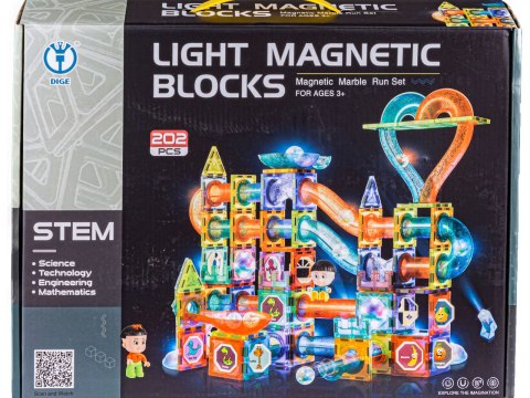 ŚWIECĄCE KLOCKI MAGNETYCZNE TOR KULKOWY ZESTAW DO ZŁOŻENIA 202 EL. KULODROM