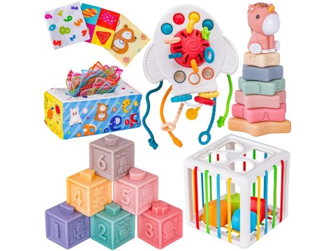 ZESTAW ZABAWEK SENSORYCZNYCH DLA MALUCHA 6W1 MIĘKKIE KLOCKI KARTY SORTER WIEŻA