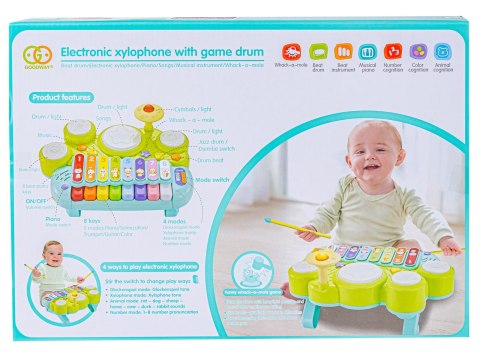 PIANINKO Z PERKUSJĄ DLA MALUCHA KSYLOFON CYMBAŁKI ŚWIATŁA DŹWIĘKI MUZYKA