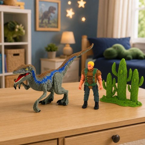 Zestaw Dinozaur Myśliwy Figurki Ruchome Kończyny Siatka Broń Akcesoria