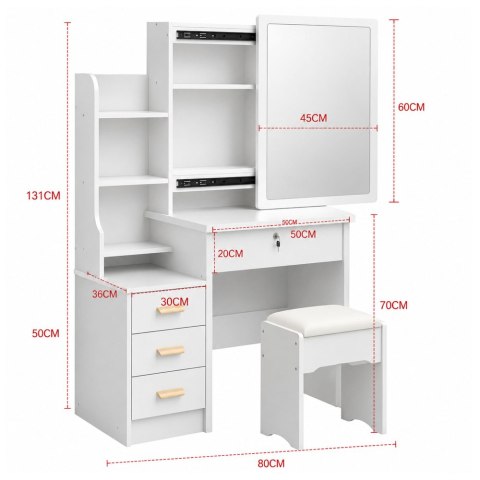 Toaletka Kosmetyczna z Lustrem Szuflady Półki Taboret Biała 130x80x36 cm