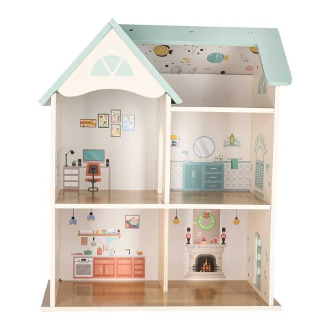 DREWNIANY DOMEK DLA LALEK LULILO 56CM MIĘTOWY 3 PIĘTRA MEBELKI AKCESORIA