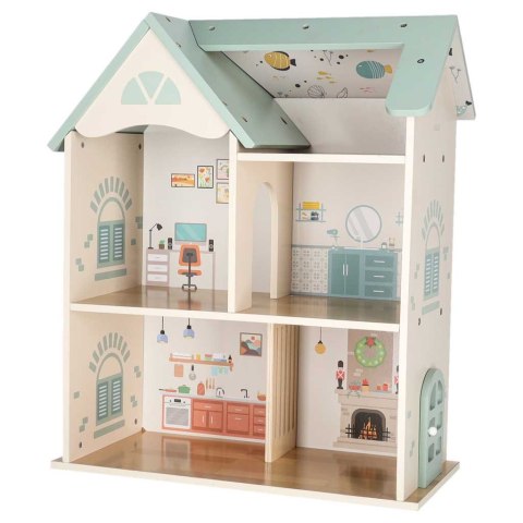 DREWNIANY DOMEK DLA LALEK LULILO 56CM MIĘTOWY 3 PIĘTRA MEBELKI AKCESORIA